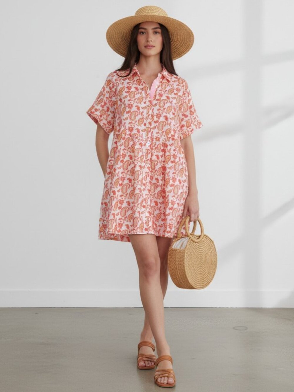 Entro NWT White Orange Paisley Button Front Mini Dress Sz M